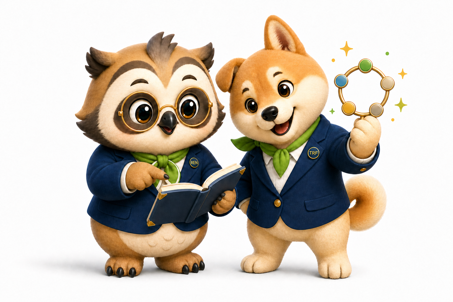 尻尾のないフクロウのレン先生と柴犬のケイくんが一緒に学ぶ様子